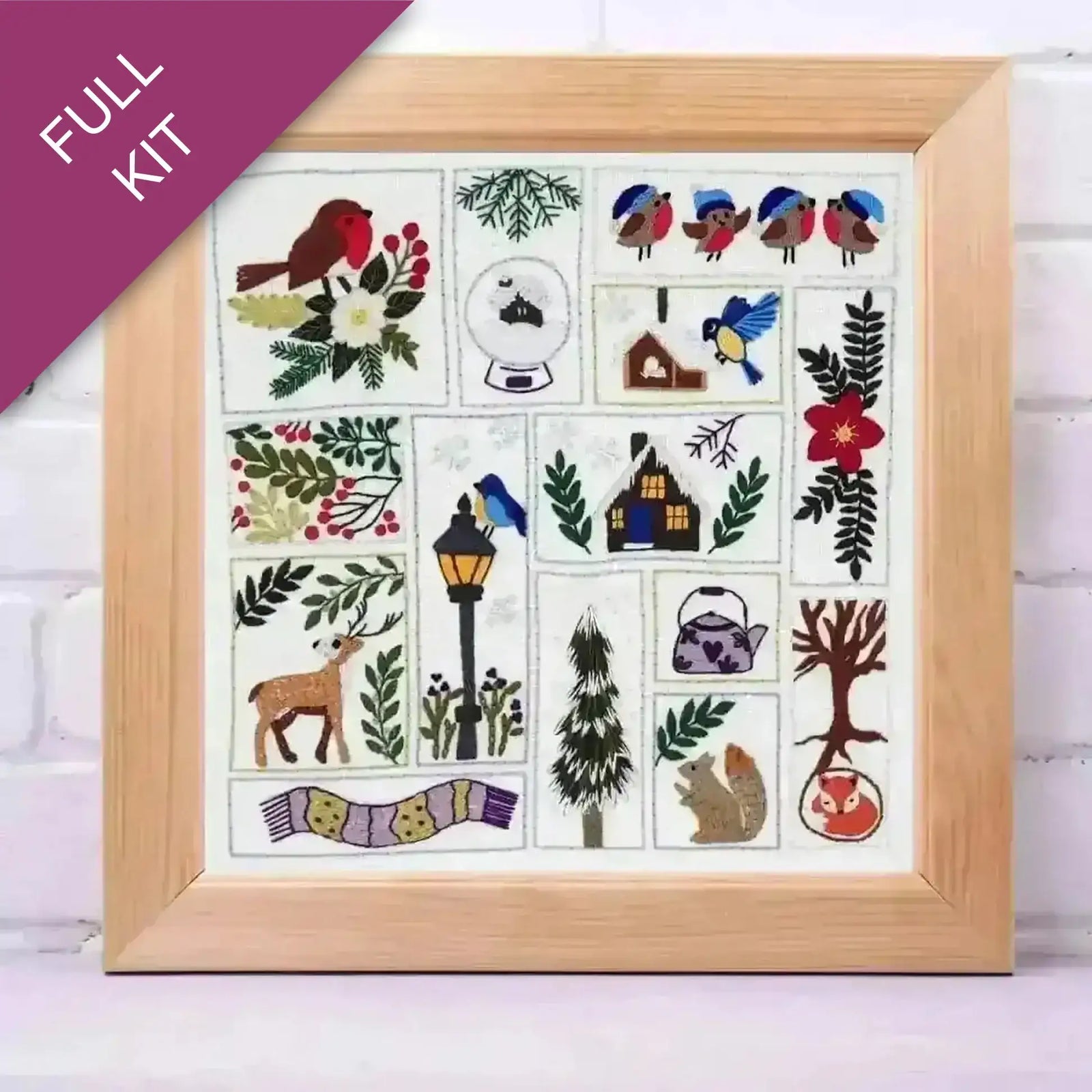 Framed set of embroidered designs with nature-themed elements on a white background.