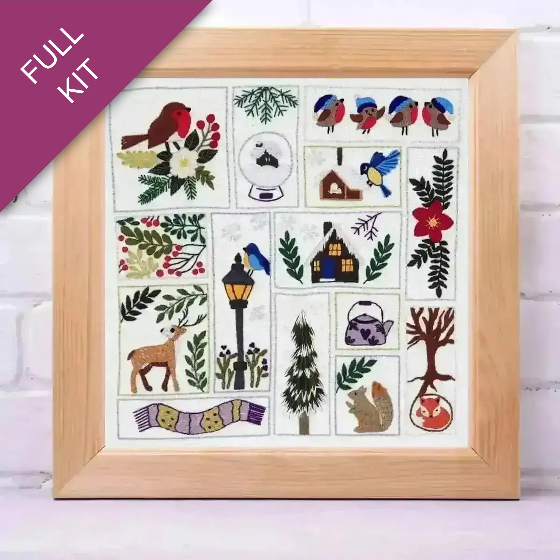 Framed set of embroidered designs with nature-themed elements on a white background.