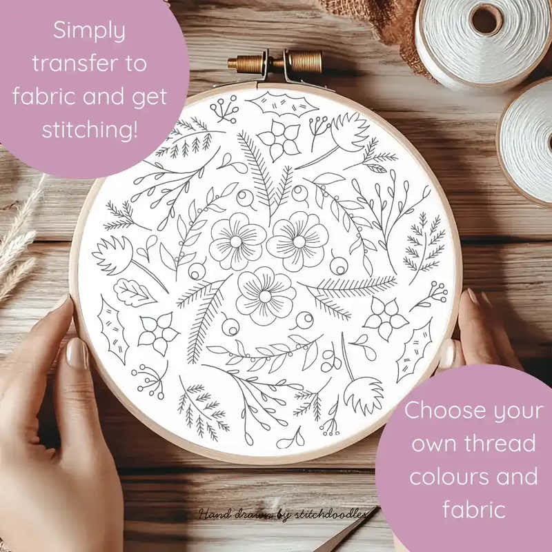 Embroidery hoop with floral pattern on a wooden surface, text about transferring design to fabric.