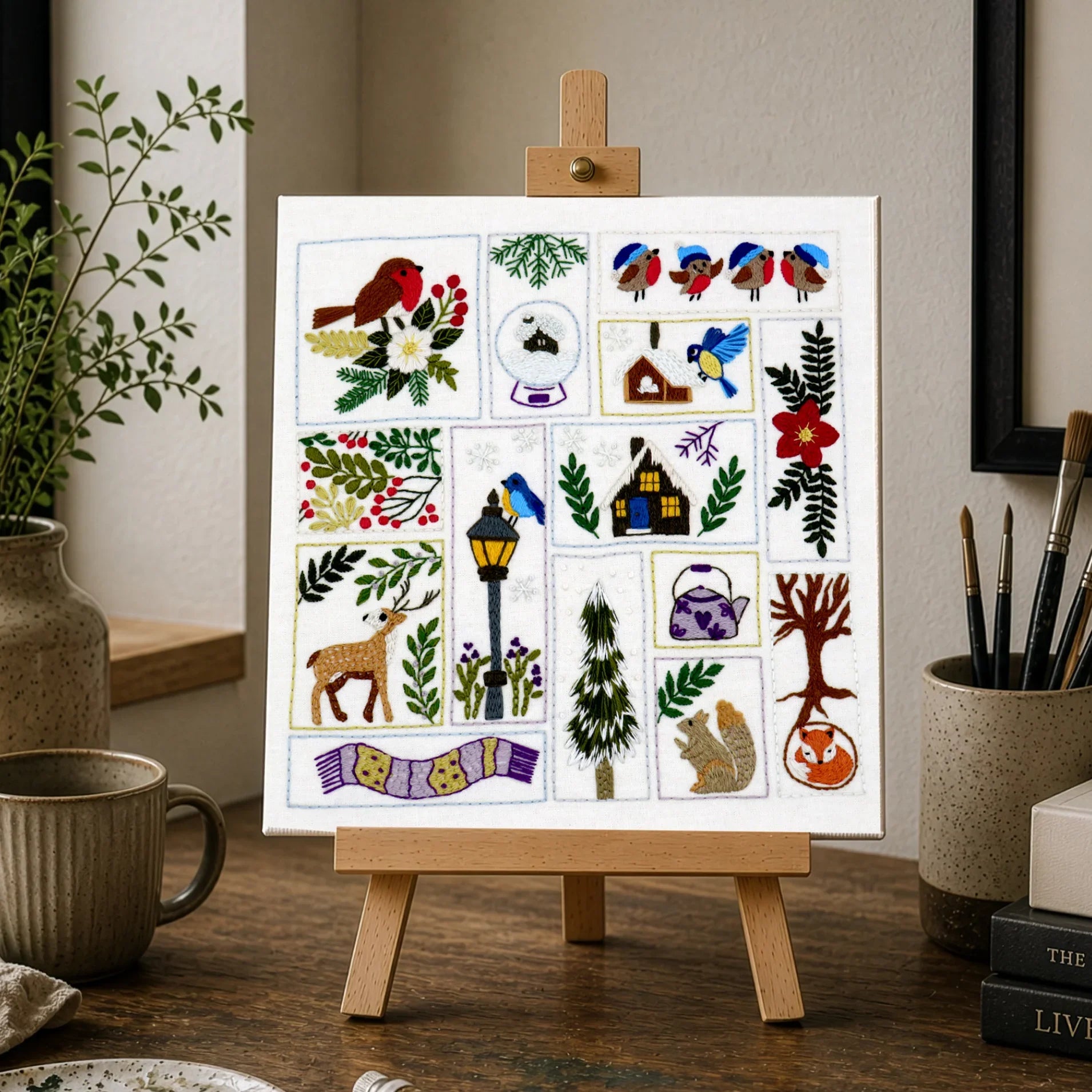 Art print on a small easel with painting supplies and decor in a home setting