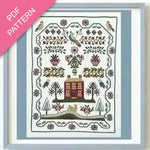 Embroidery pattern with house, trees, and birds on a white background with a pink and blue border.