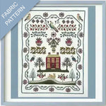 Fabric pattern with a house, trees, and birds on a white background