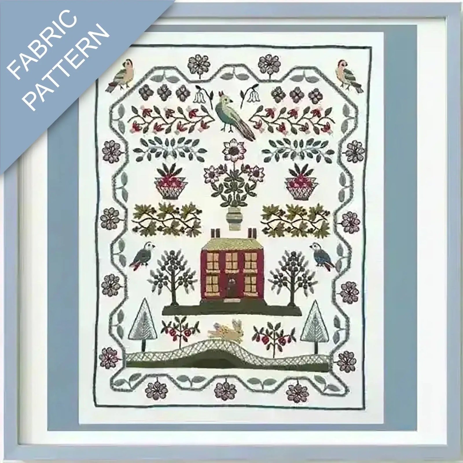 Fabric pattern with a house, trees, and birds on a white background