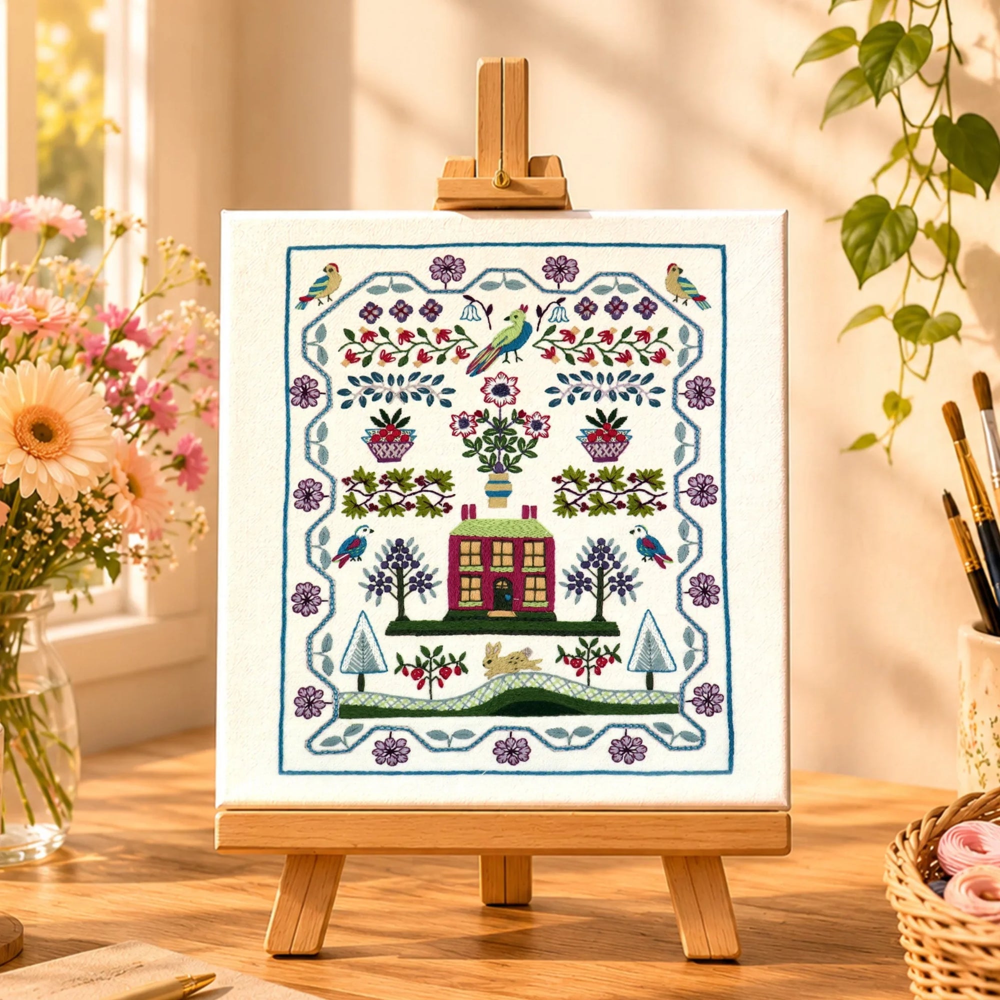 Embroidery design on a white board with a cup, notebook, and embroidery supplies on a wooden table.