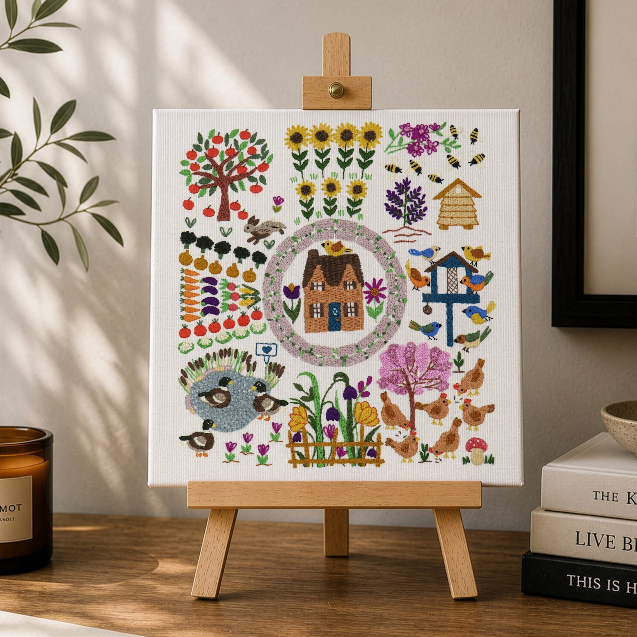 Colorful illustration on a small easel with a candle, notebook, and books in a cozy setting.