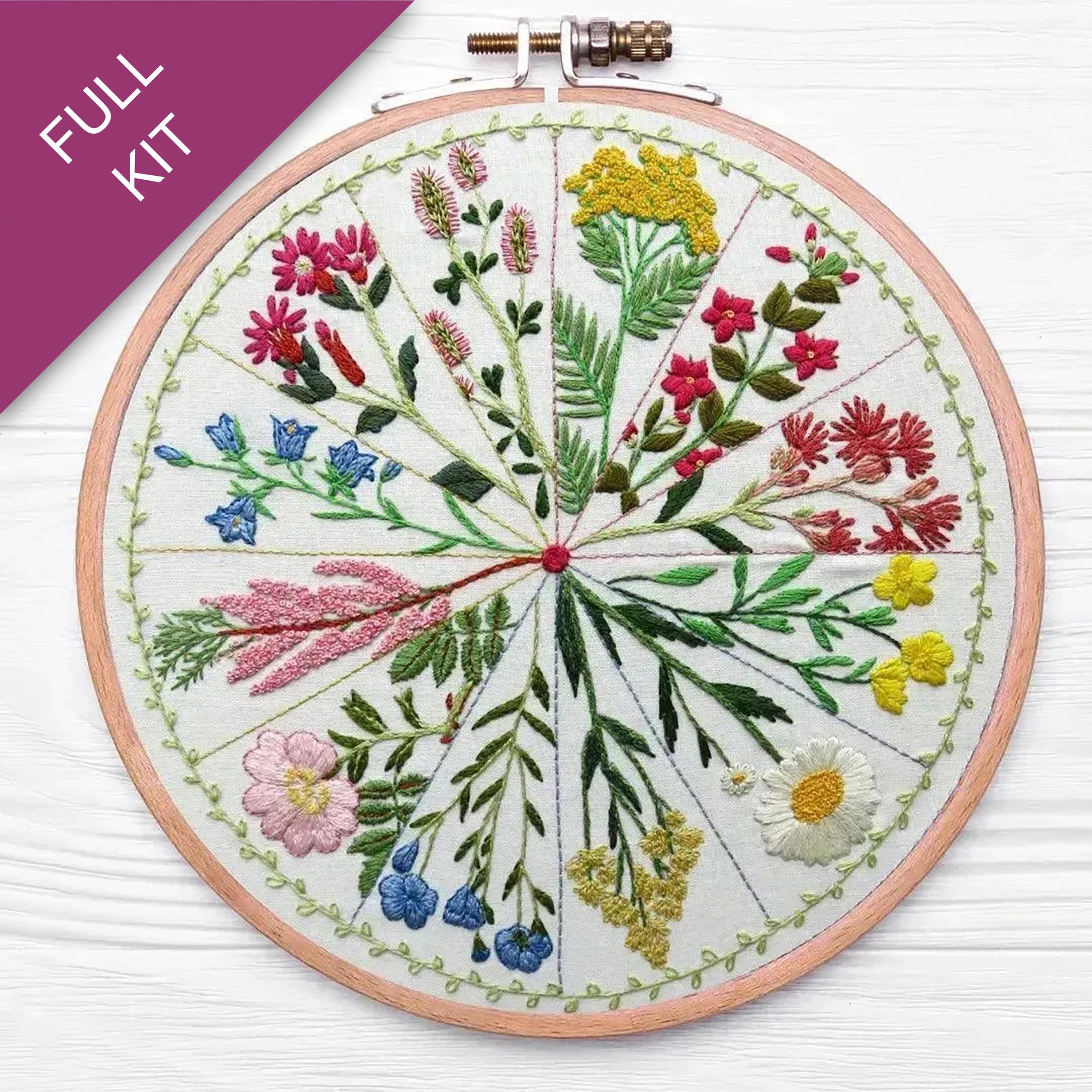 Embroidery hoop with floral patterns on a white background
