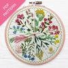 Embroidery hoop with floral patterns on a white background