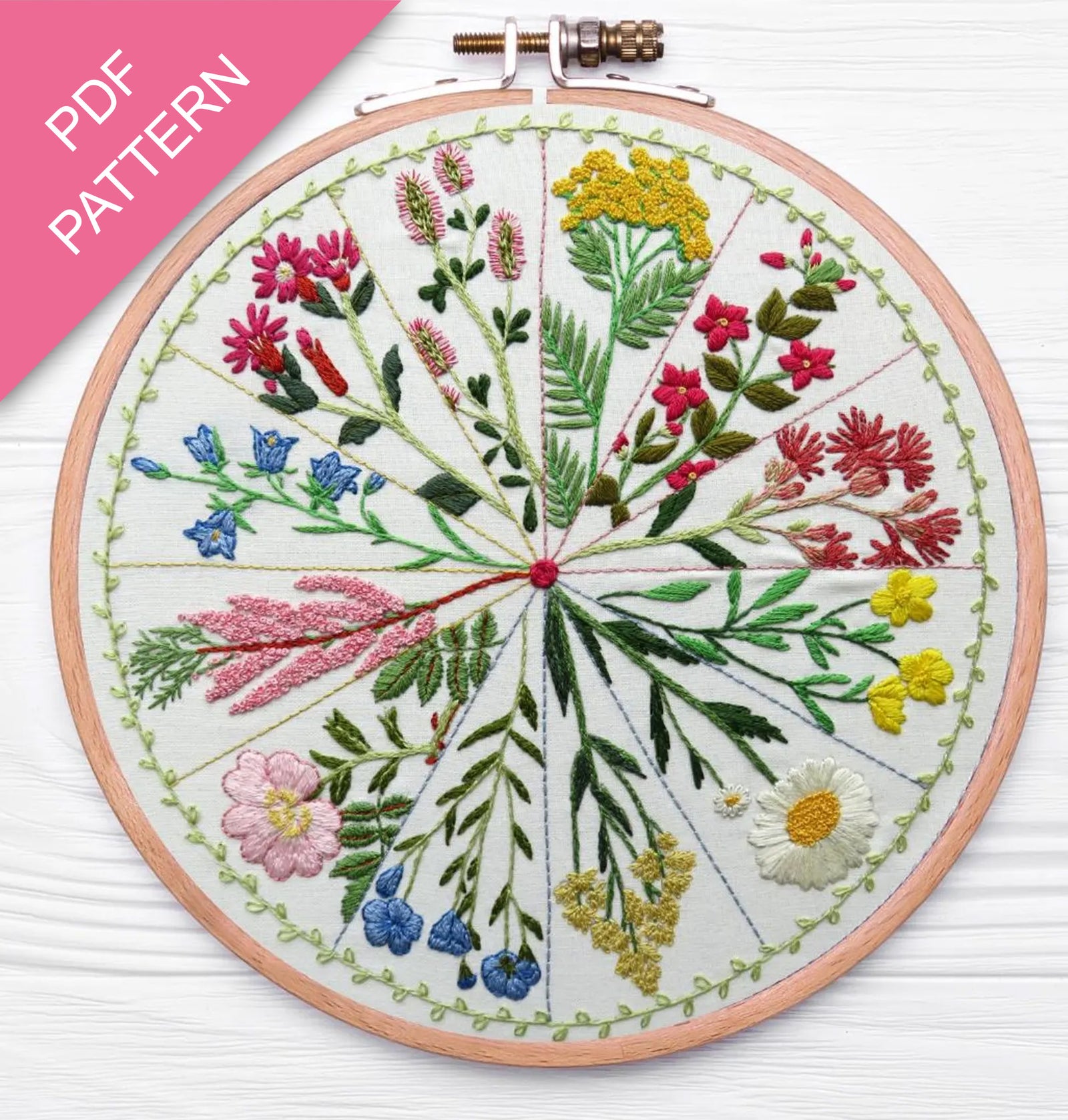 Embroidery hoop with floral design on a white background, labeled 'PDF Pattern'.