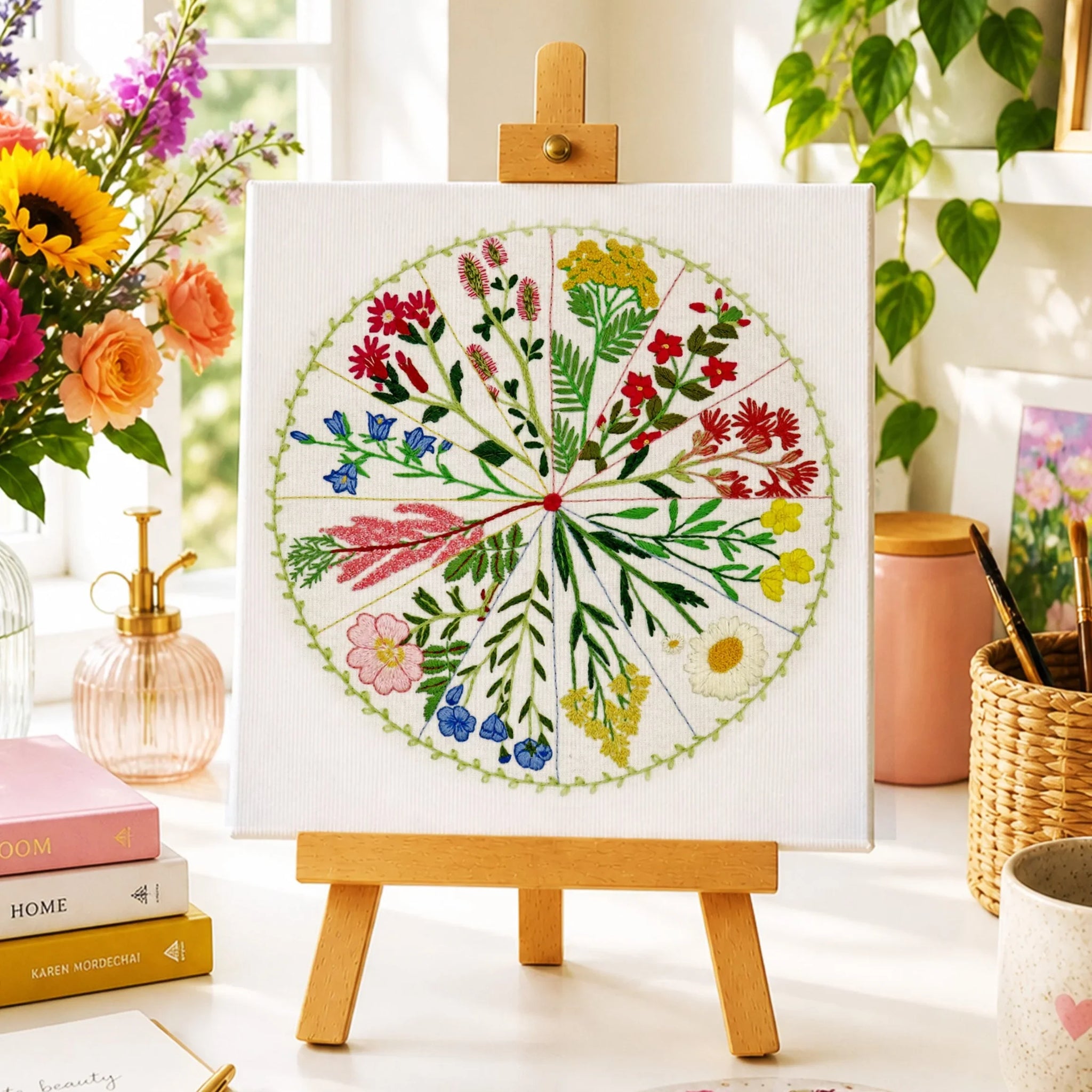 Artistic setup with floral painting on an easel, books, and art supplies in a bright room.