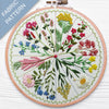 Embroidery hoop with floral pattern on a white background