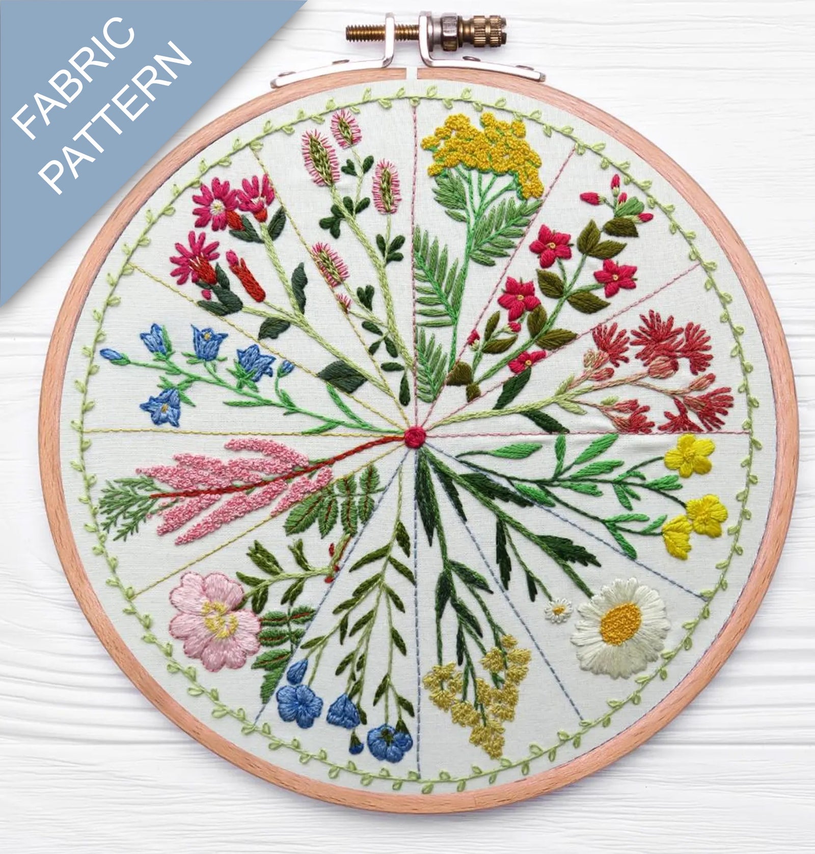 Embroidery hoop with floral pattern on a white background