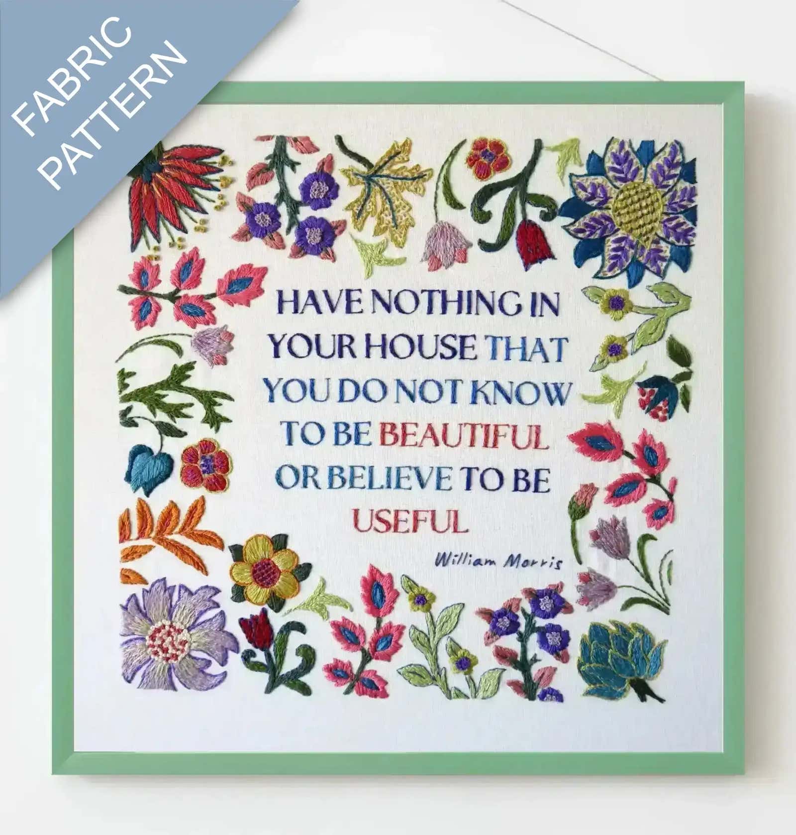 Fabric pattern with colorful flowers and a quote by William Morris on a white background