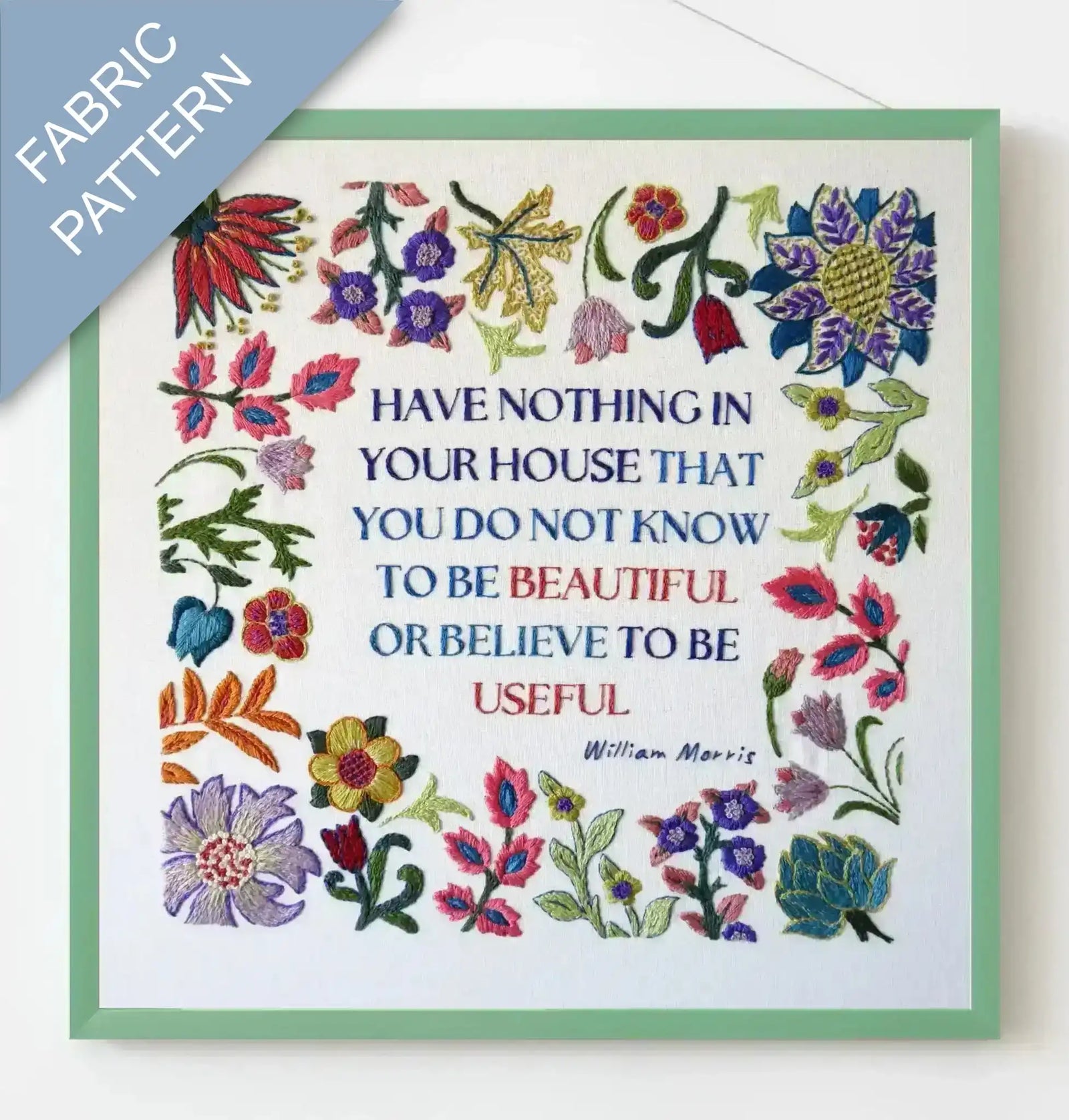 Fabric pattern with colorful flowers and a quote by William Morris on a white background