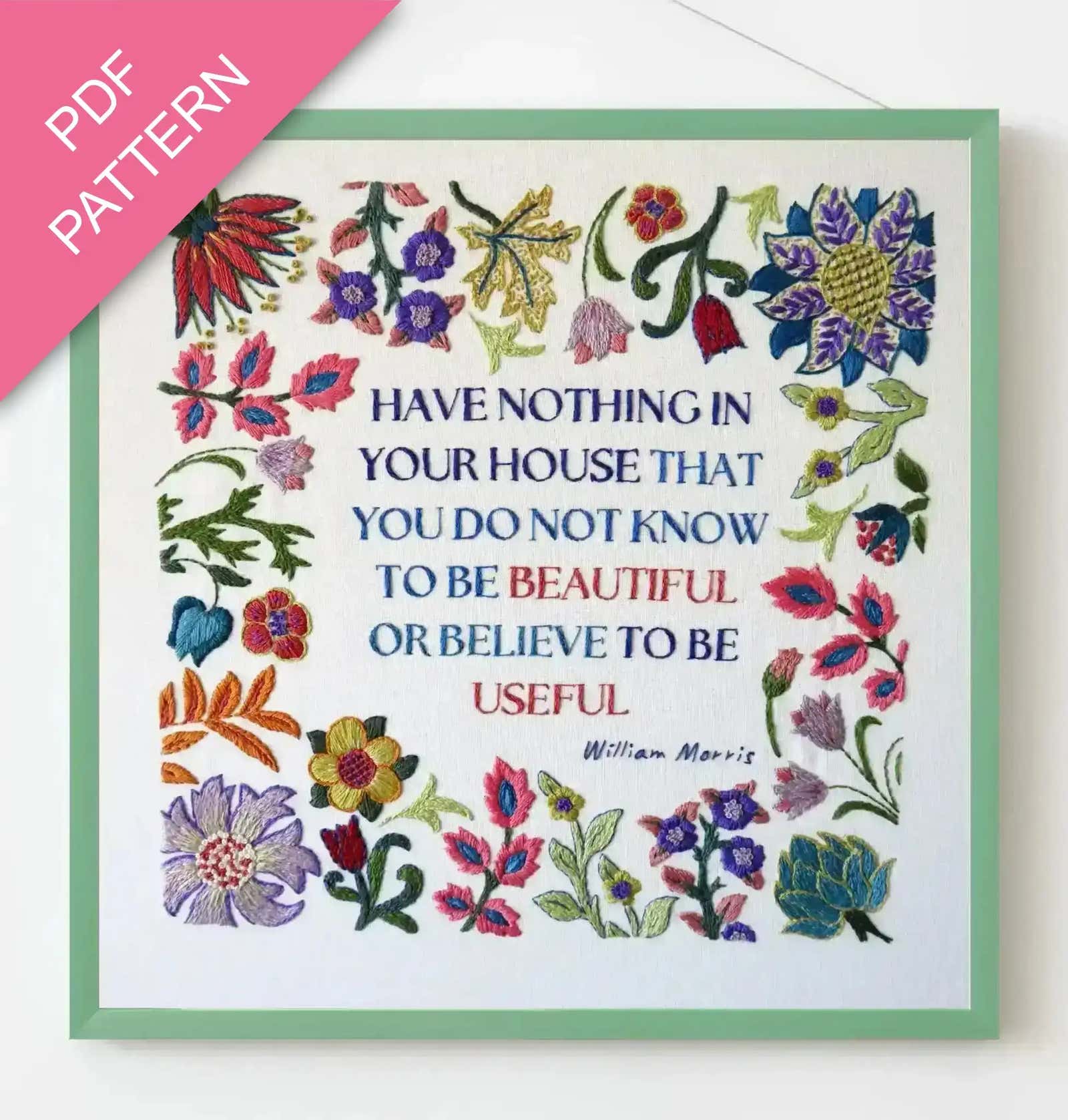 Decorative card with floral patterns and a quote by William Morris, featuring a PDF pattern label.