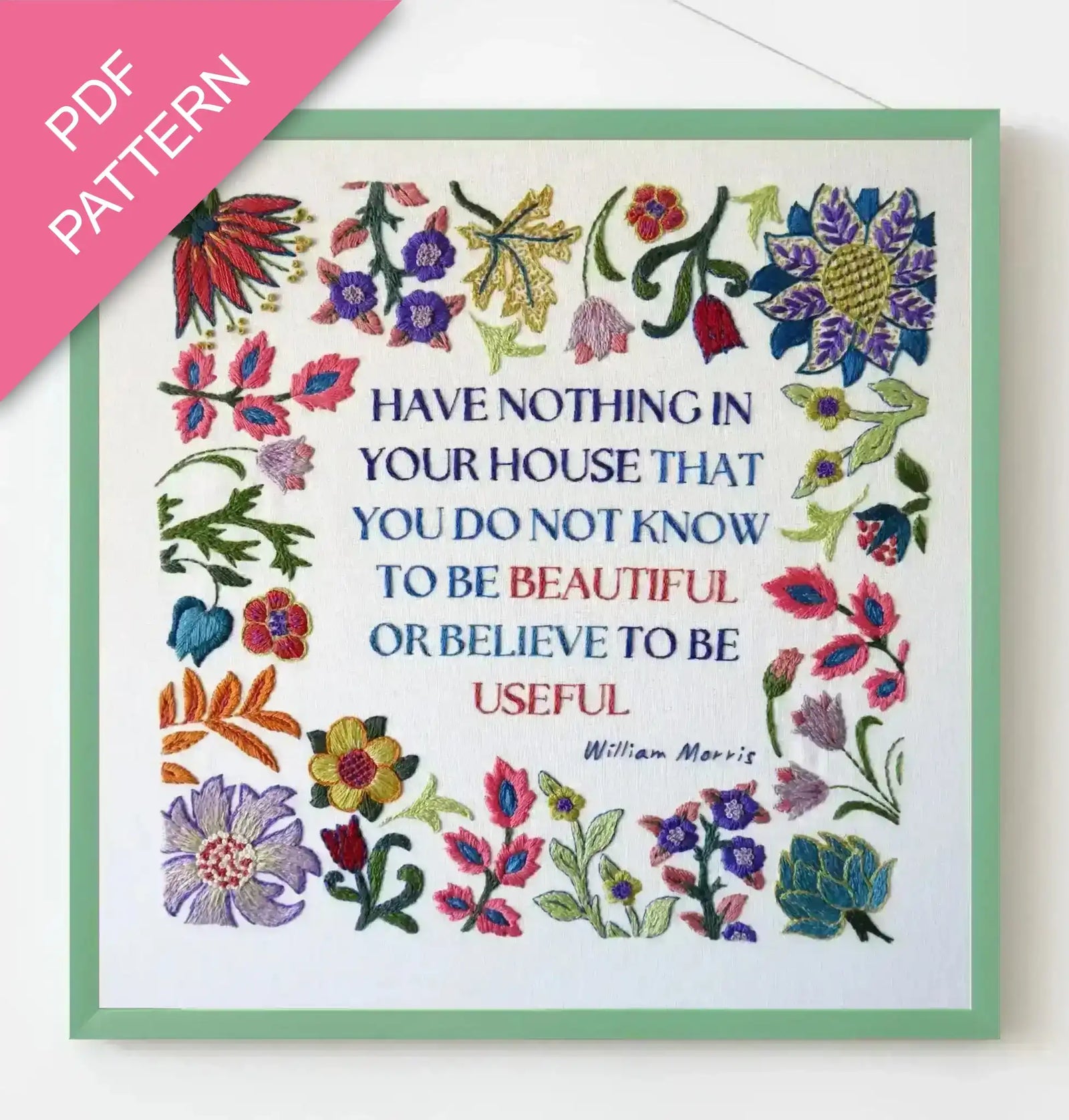 Decorative card with floral patterns and a quote by William Morris, featuring a PDF pattern label.