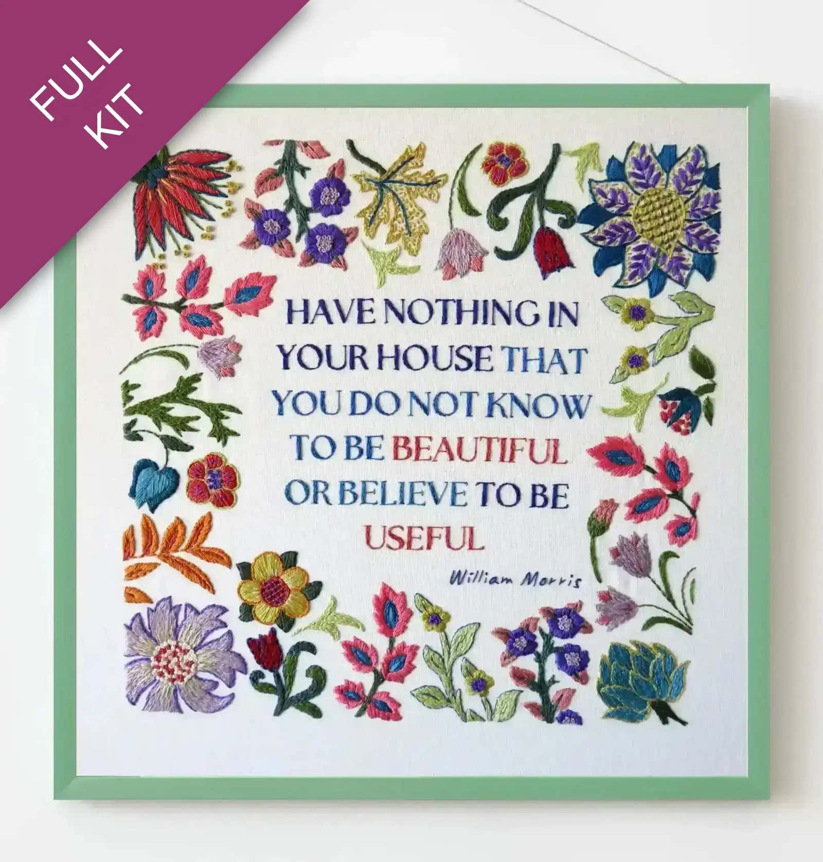 Decorative card with floral designs and a quote by William Morris on a white background.