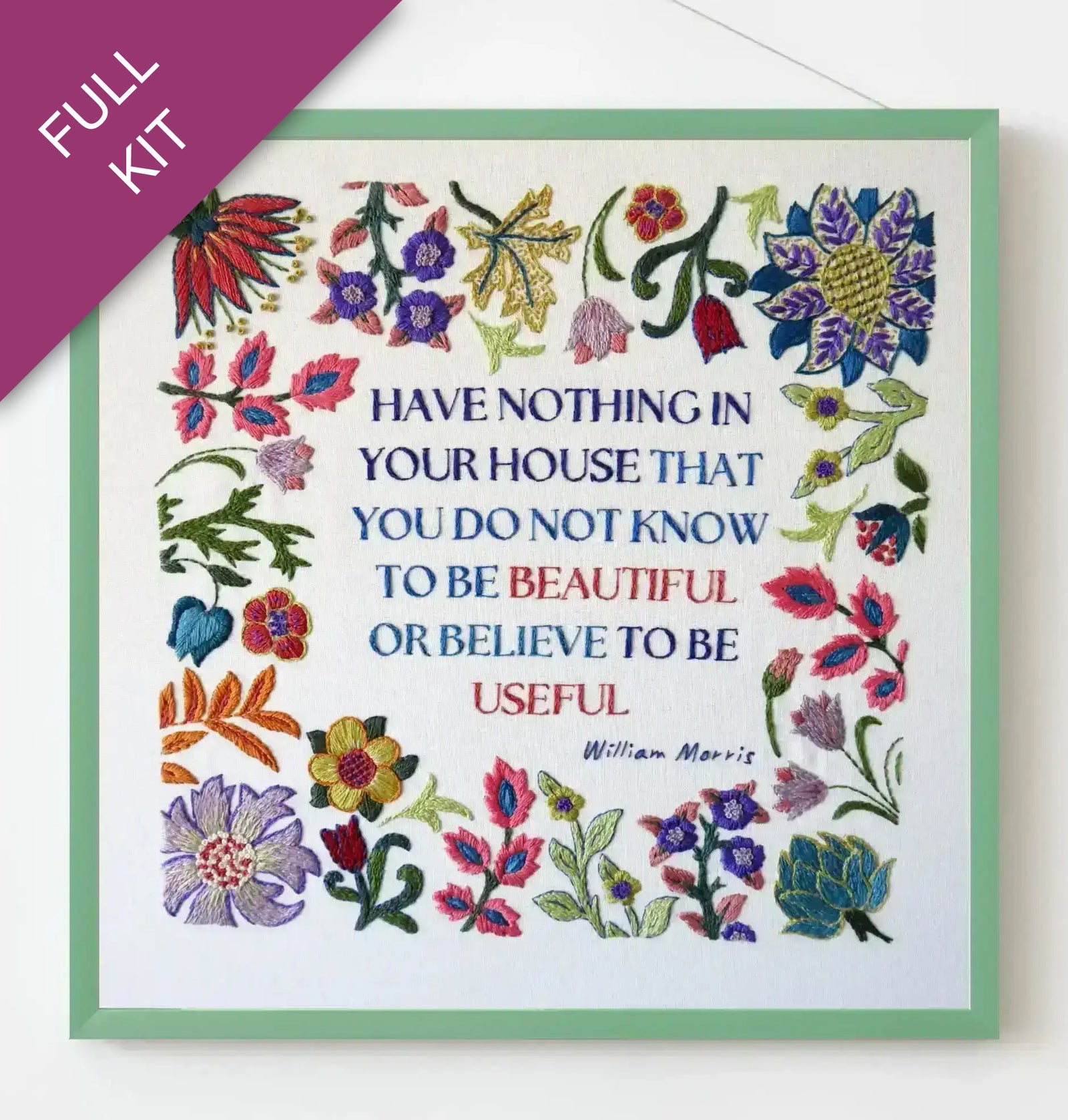Decorative card with floral designs and a quote by William Morris on a white background.