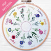 Embroidery hoop with embroidered flowers and months on a white background