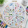 Embroidery hoop with a colorful monthly calendar design on a white surface with embroidery supplies.