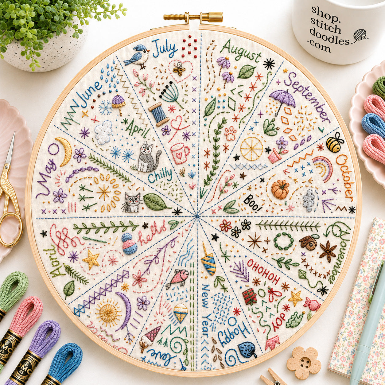Embroidery hoop with a colorful stitched wheel of the year, surrounded by embroidery supplies.