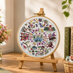 Decorative embroidery hoop with a colorful design on a wooden stand in a bright room with flowers and books.