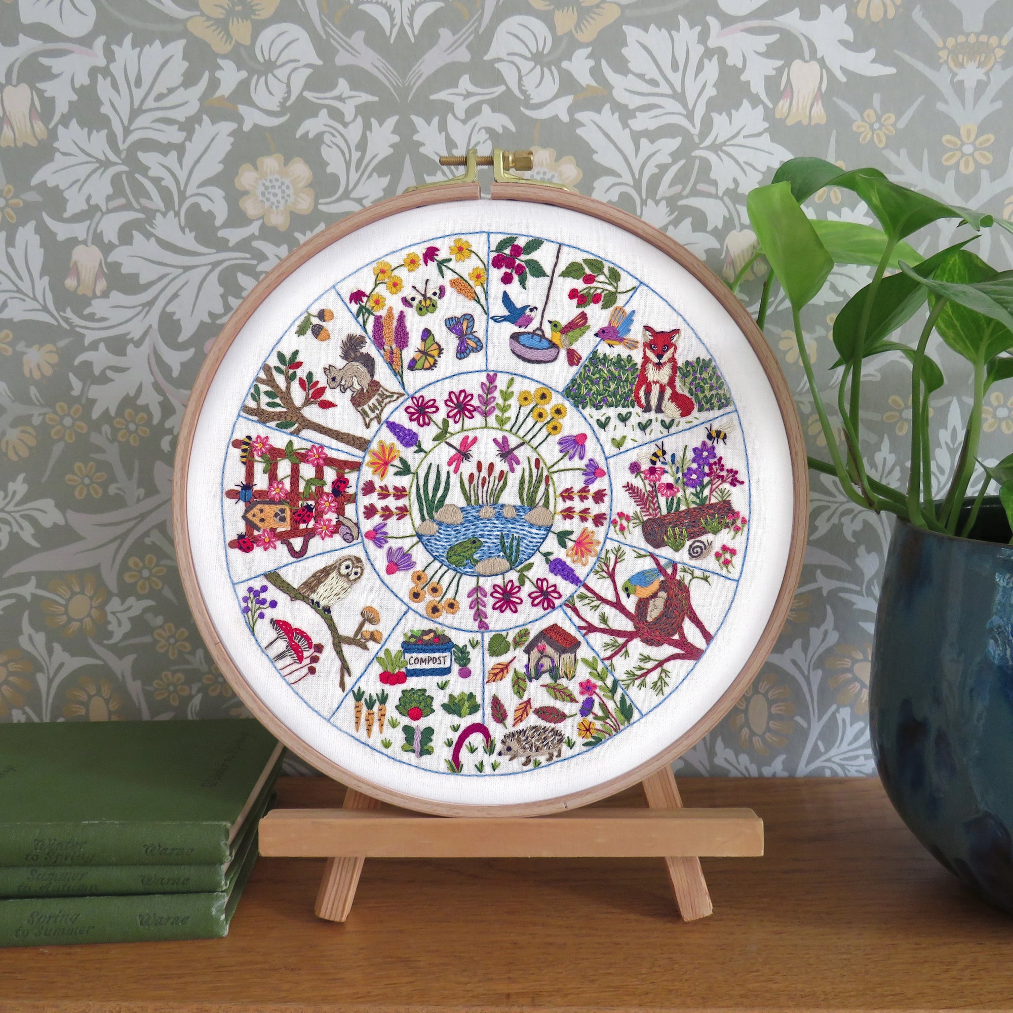 Decorative embroidery hoop with colorful patterns on a wooden stand against a patterned wall.