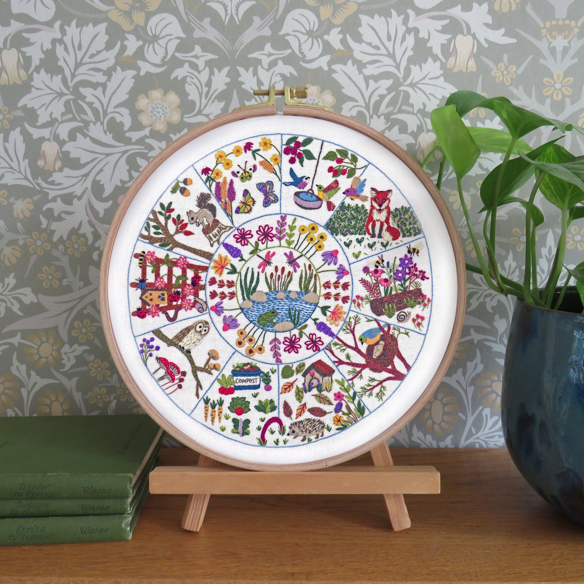 Decorative embroidery hoop with colorful patterns on a wooden stand against a patterned wall.