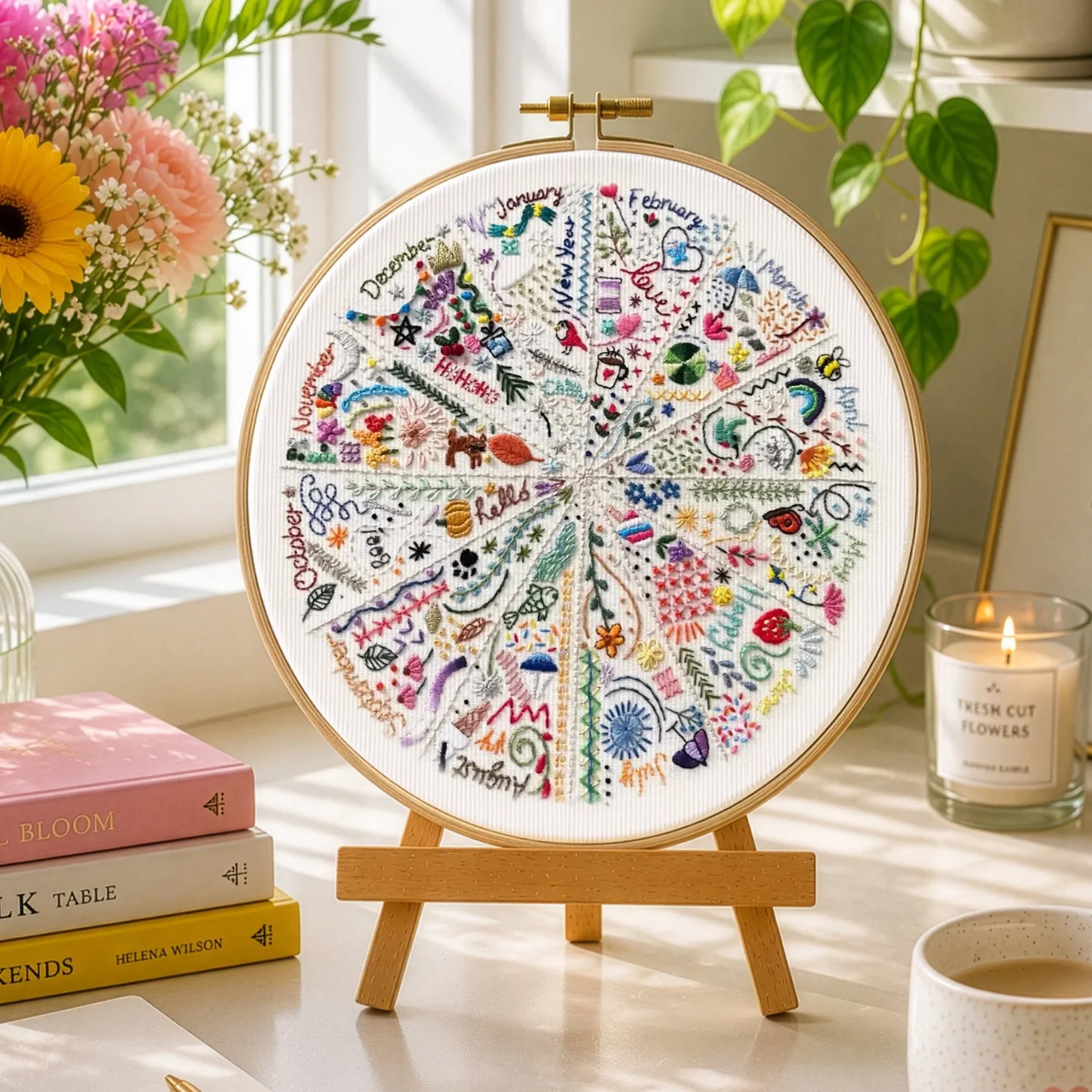 Decorative wheel with colorful patterns on a stand, surrounded by books, flowers, and a cup of coffee.