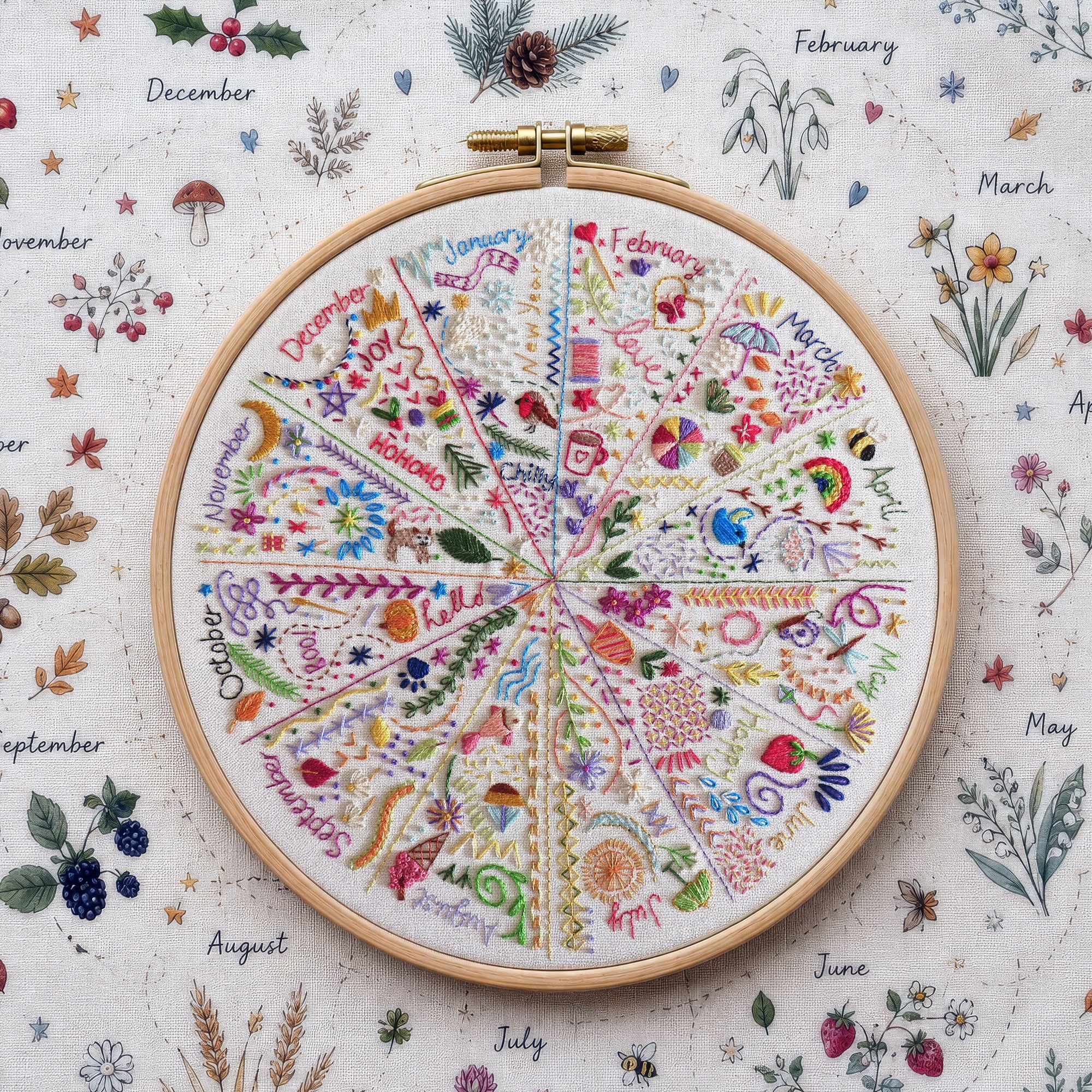 A round wooden embroidery hoop holding a colorful monthly hand embroidery cross-stitch chart with illustrated seasonal motifs and month labels, placed on a matching fabric background with botanical illustrations and seasonal words.