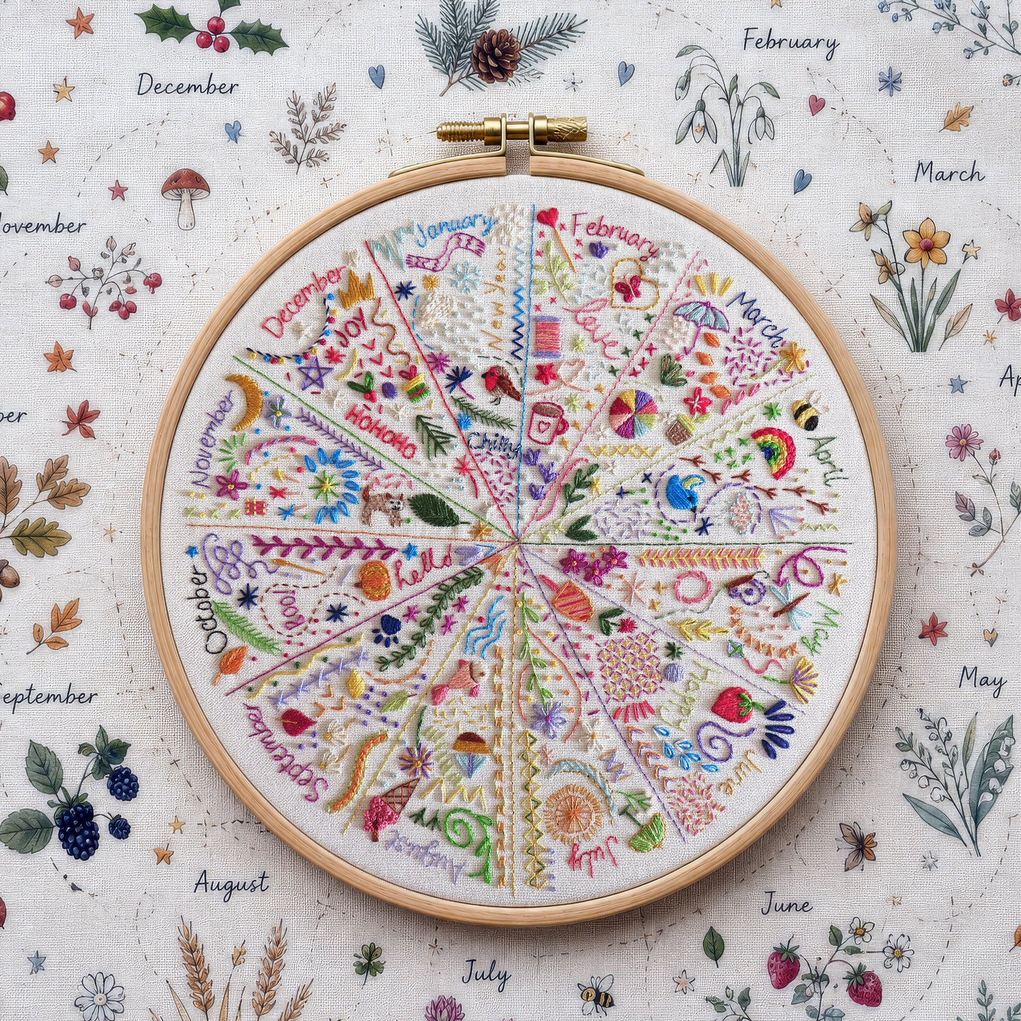 A round wooden embroidery hoop holding a colorful monthly hand embroidery cross-stitch chart with illustrated seasonal motifs and month labels, placed on a matching fabric background with botanical illustrations and seasonal words.