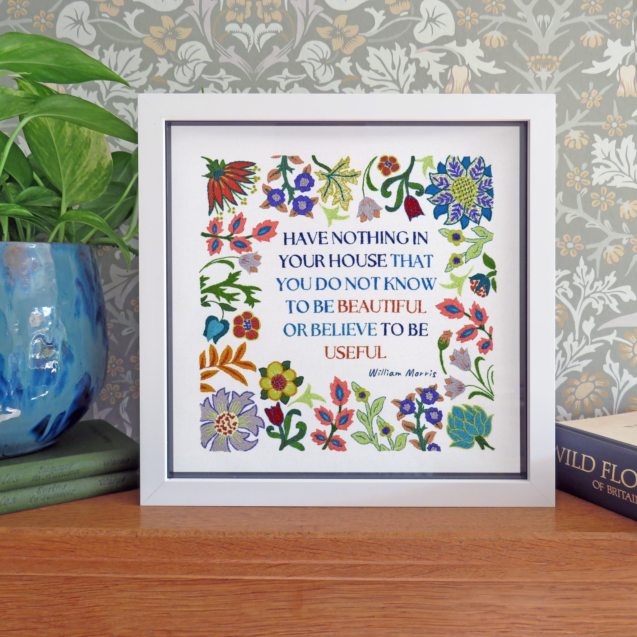 William morris framed hand embroidery  kit and pattern quote 