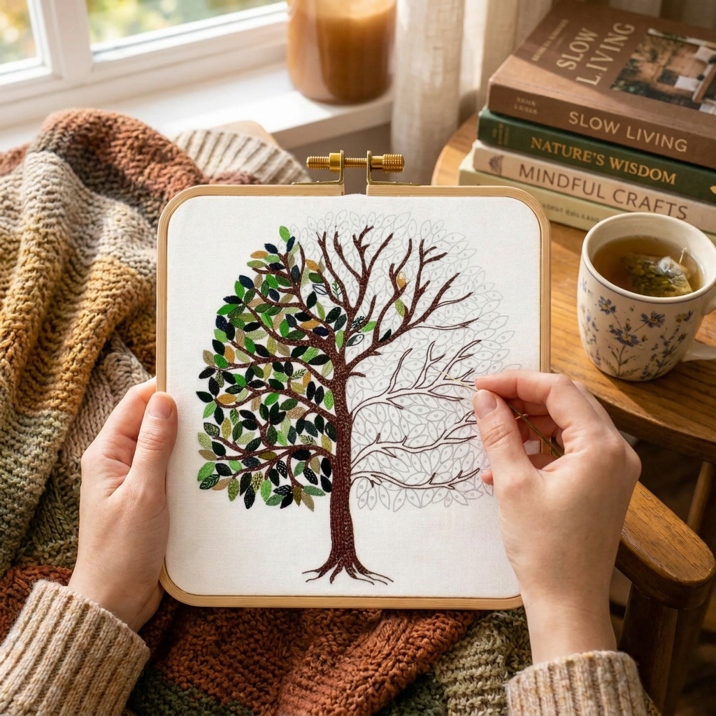 Person holding a embroidery hoop with a tree design, surrounded by books and a cup of tea.